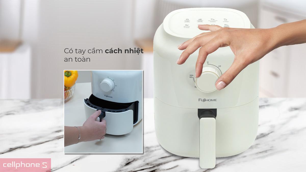 Nồi chiên không dầu Fujihome A3 trang bị núm vặn cơ và bảng hướng dẫn thời gian nấu