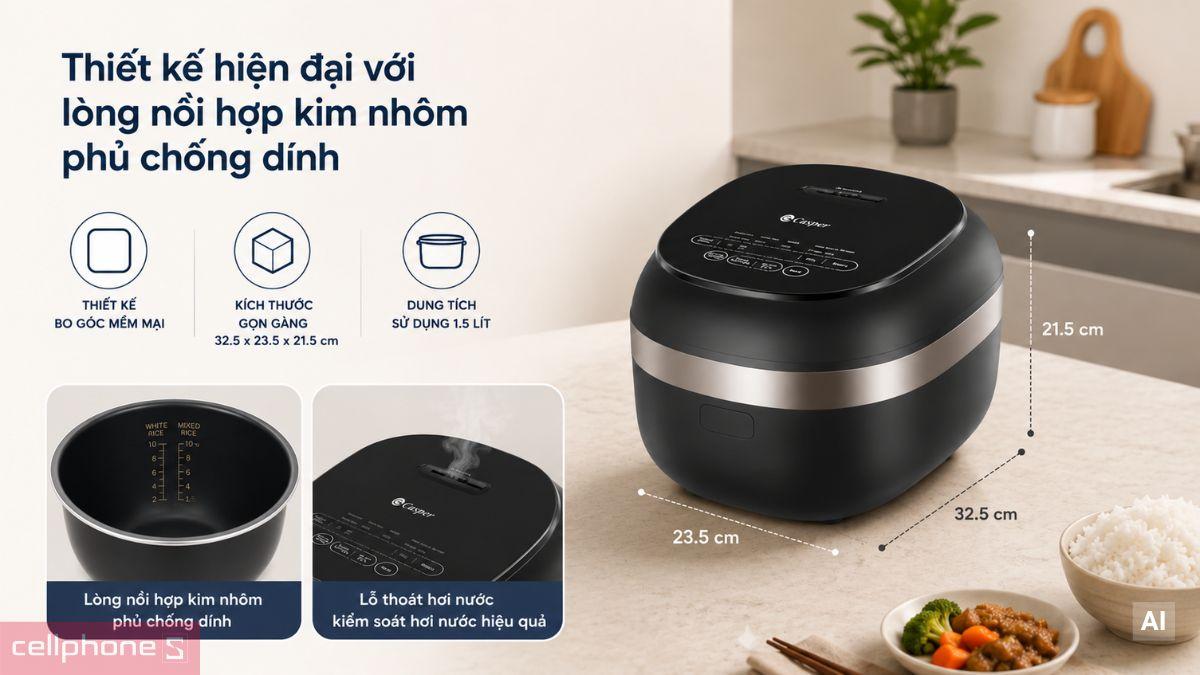 Thiết kế bo góc mềm mại, tông màu đen của Nồi cơm điện tử cao tần Casper CI-15RC01