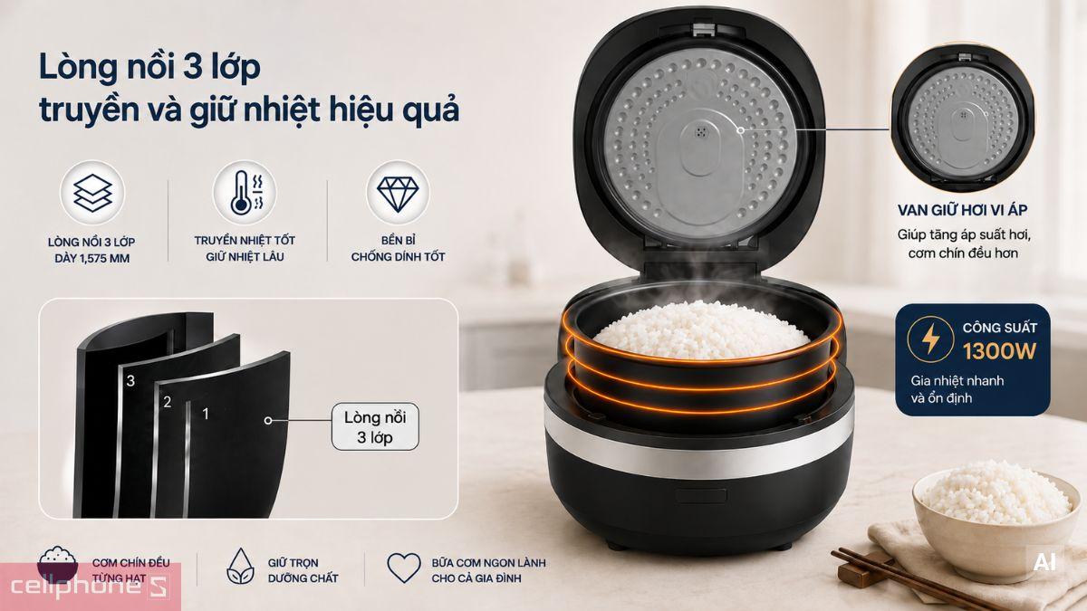 Lòng nồi 3 lớp dày dặn giúp Nồi cơm điện tử cao tần Casper CI-15RC01 giữ nhiệt tốt