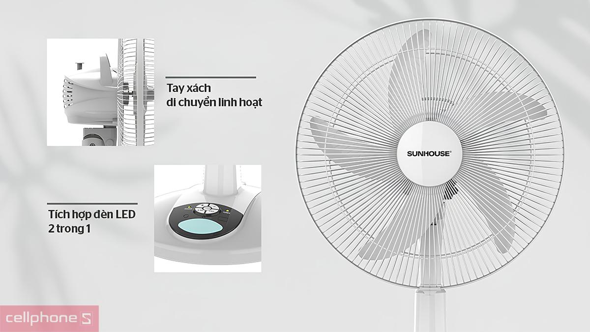 Quạt tích điện Sunhouse SHD7228 có đèn LED, tay xách tích hợp