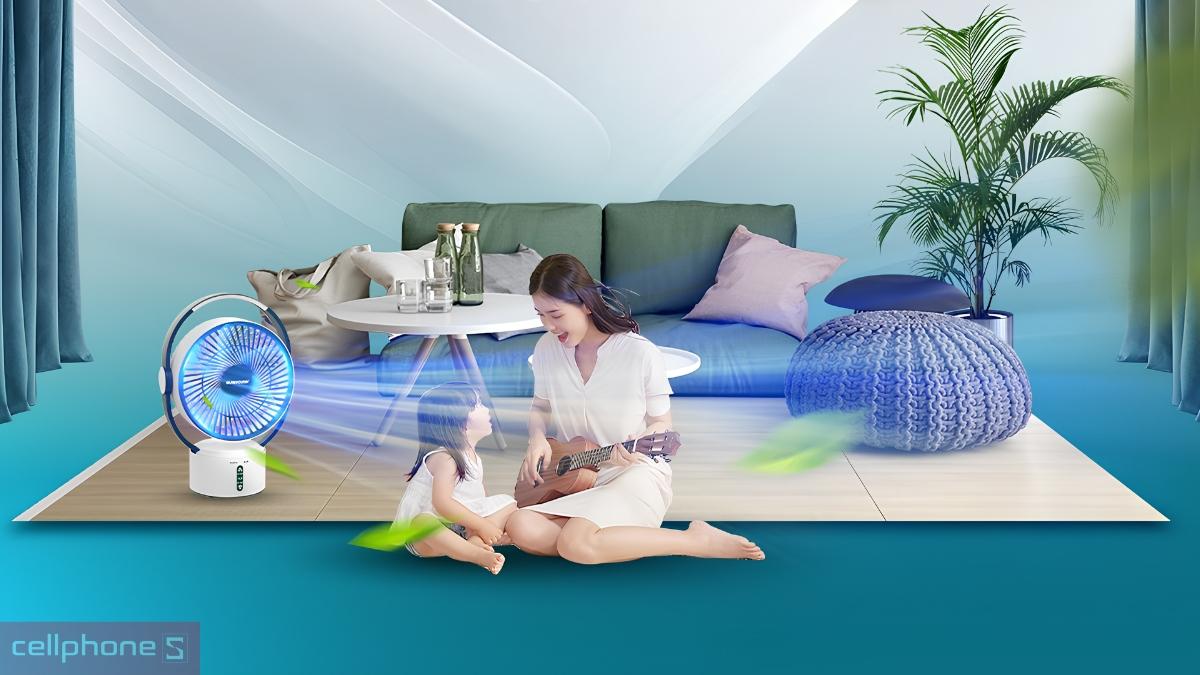 Quạt tích điện Sunhouse SH7116 phù hợp với những gia đình có trẻ nhỏ hoặc nơi hay mất điện