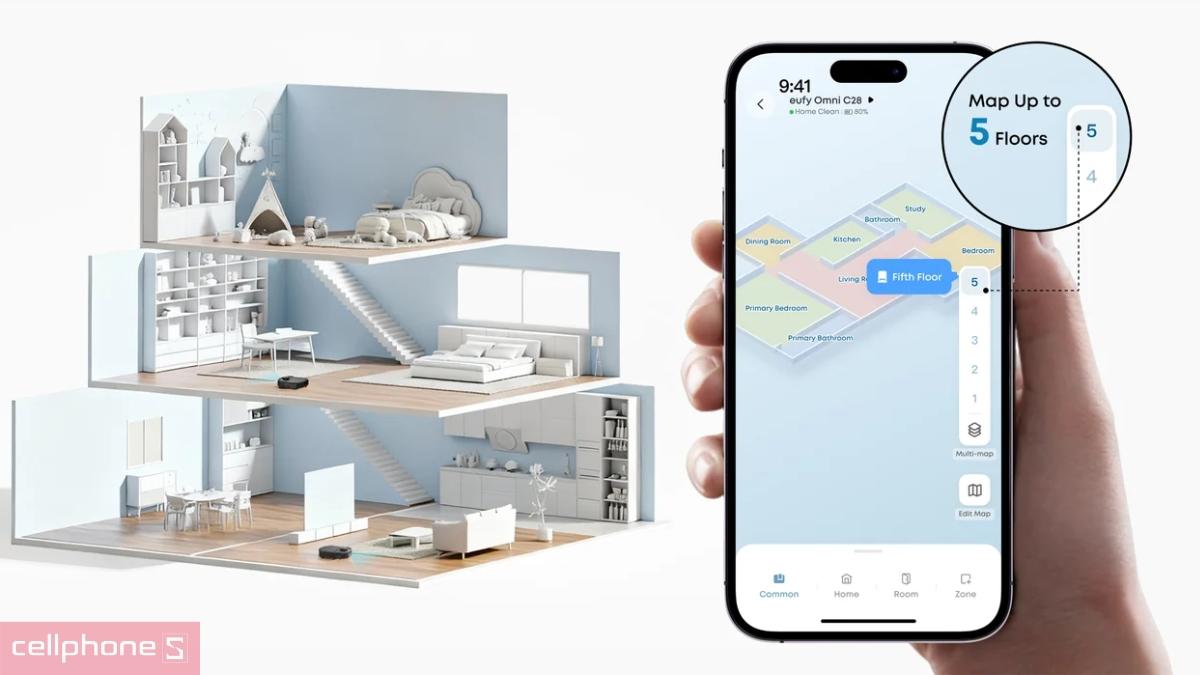 Eufy Robot Vacuum Omni C28 có thể tùy chỉnh bản đồ nhiều tầng qua ứng dụng Eufy