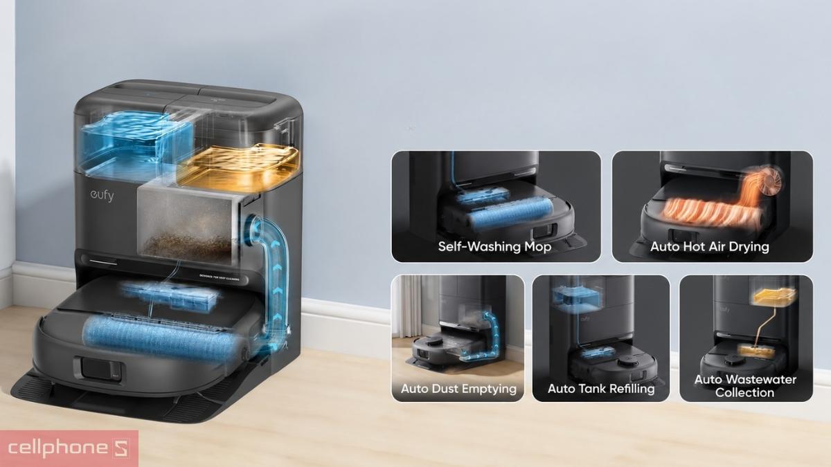 Trạm sạc của Eufy Robot Vacuum Omni C28 đa năng 5 trong 1 tự động hoàn thành quy trình dọn dẹp