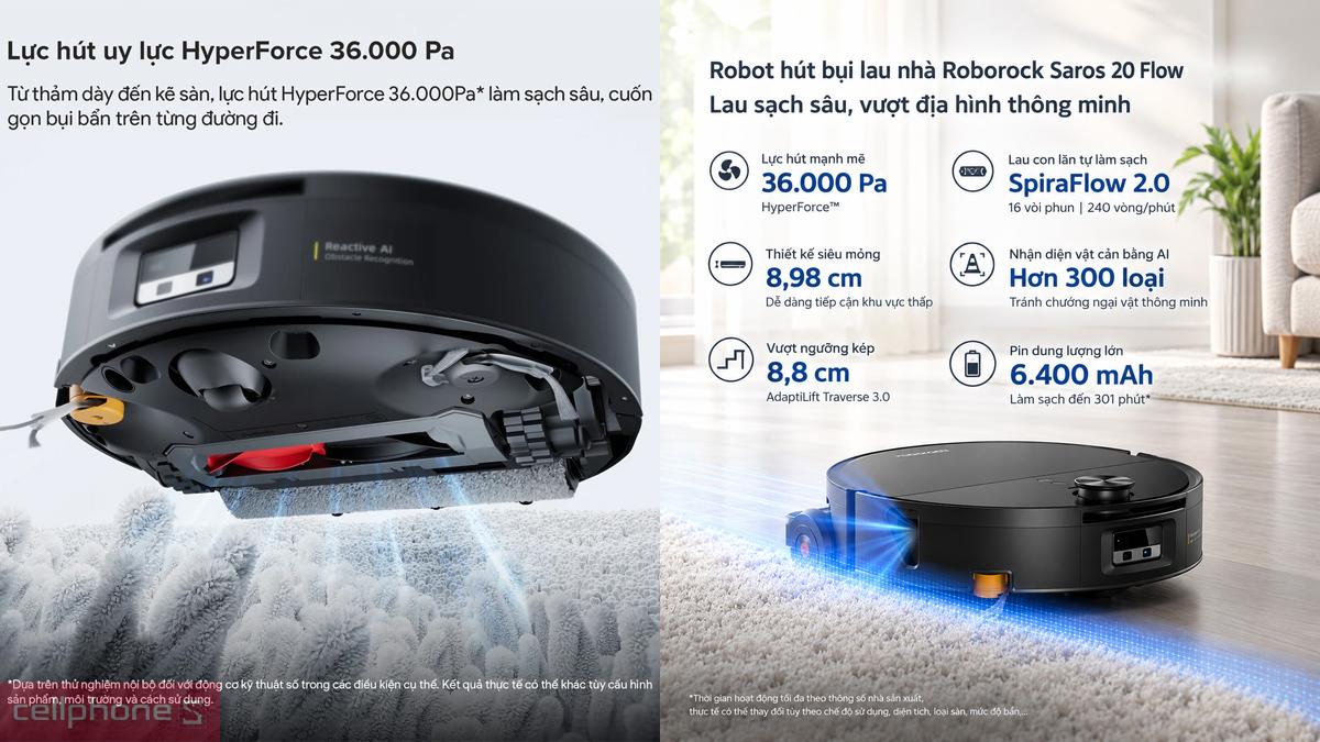 Lực hút của robot hút bụi lau nhà Roborock Saros 20 Flow