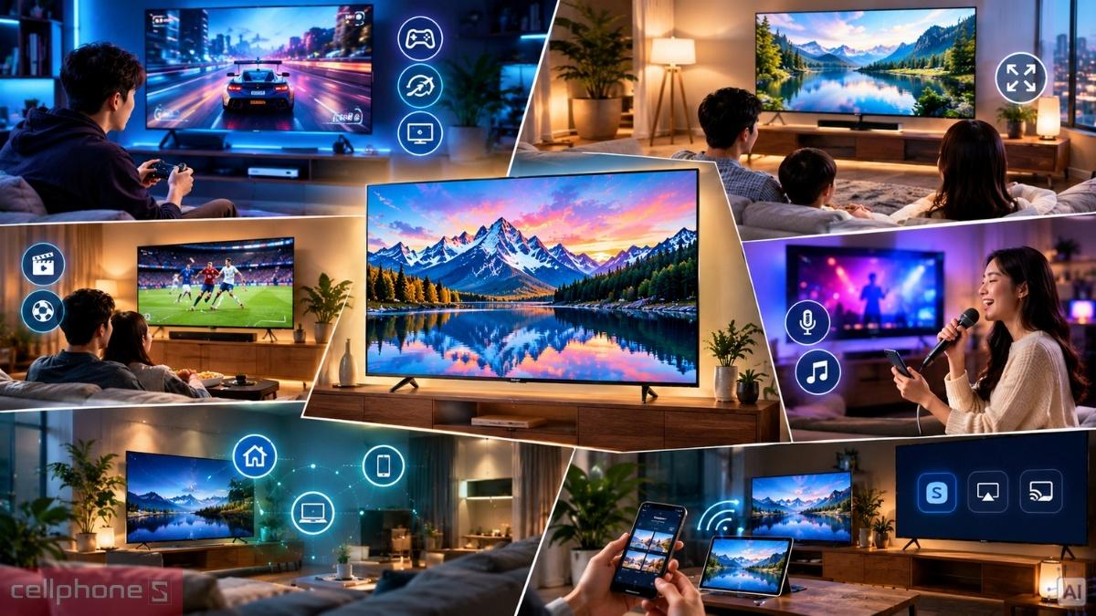 Smart tivi Samsung Mini-Led 4K 50 inch 2026 50M1EH đặt trong phòng khách, phù hợp người thích chơi game, xem phim, thể thao và hát karaoke