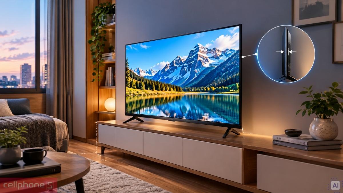 Smart tivi Samsung QLED FHD 40 inch 2025 40Q5FA có kích thước 90.63 x 54.6 x 15.76 cm, trọng lượng khoảng 6,2 kg khi có chân đế