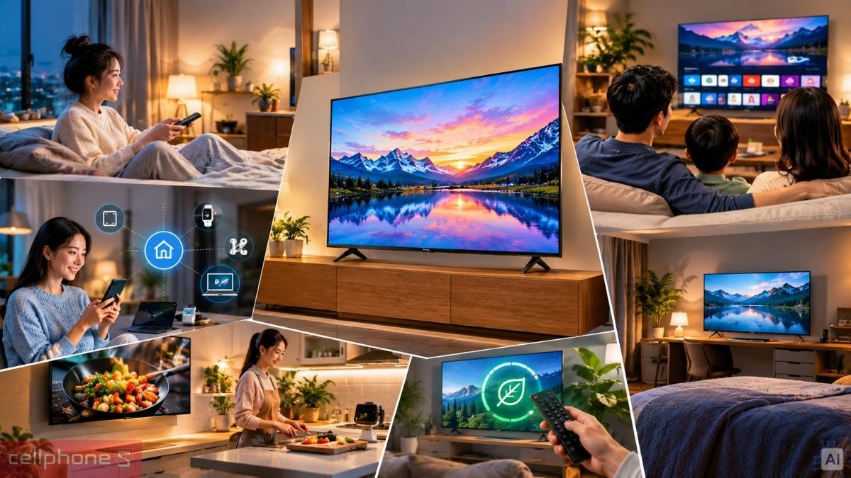 Smart tivi Samsung QLED FHD 40 inch 2025 40Q5FA được bố trí trong nhiều không gian như phòng ngủ, phòng khách, phòng bếp và phòng làm việc, phù hợp với người sống một mình, gia đình nhỏ hoặc cần tivi phụ