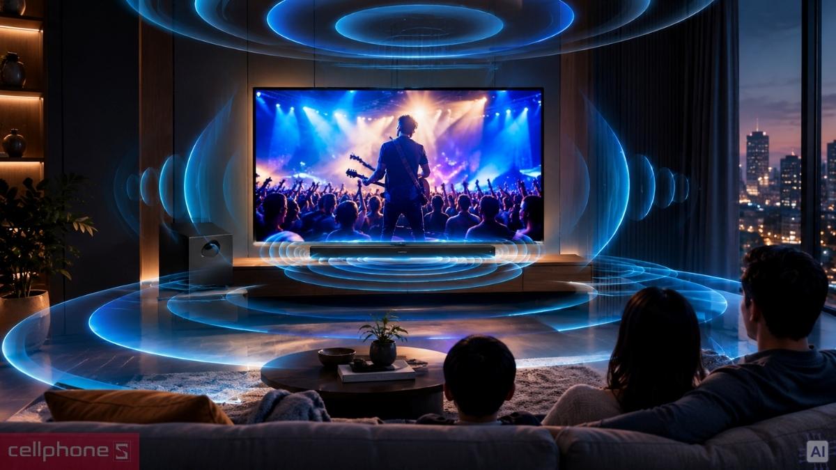 Smart tivi Samsung QLED FHD 40 inch 2025 40Q5FA đồng bộ cùng loa thanh Samsung tương thích, mang đến không gian âm thanh dày và chân thực hơn.