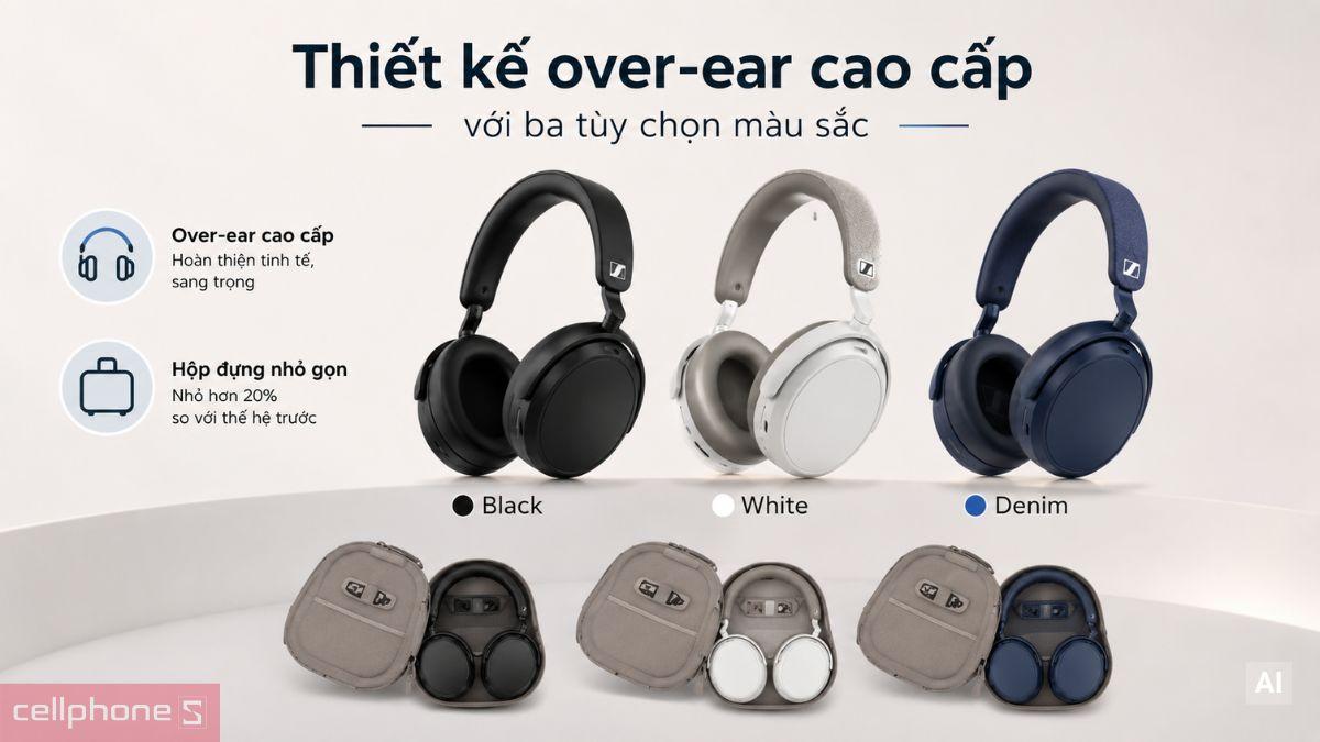 Thiết kế over-ear cao cấp với ba tùy chọn màu Black, Denim và White