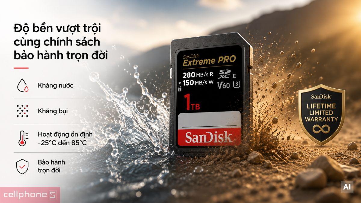 Thiết kế bền bỉ khi tác nghiệp của Thẻ nhớ SDXC SanDisk Extreme PRO UHS-II U3 V60 1TB