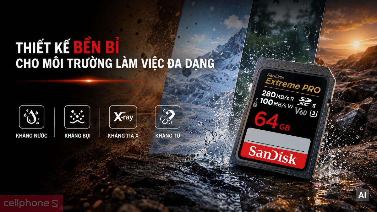 Thiết kế bền bỉ của Thẻ nhớ SDXC SanDisk Extreme Pro UHS-II U3 V60 64GB