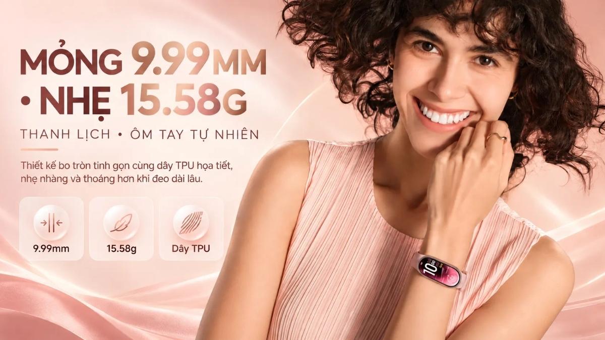 Xiaomi Mi Band 11 có thiết kế mỏng nhẹ với thân máy dày chỉ 9,99mm